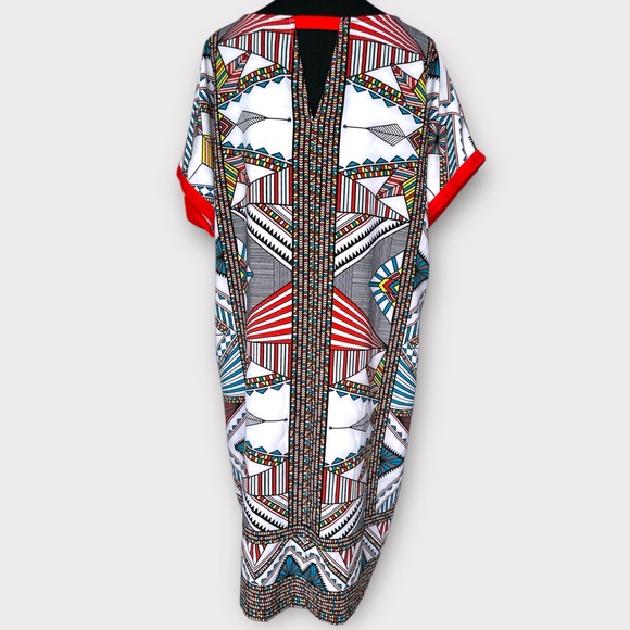 Gibson Latimer Geometric Tribal Caftan Midi Dress Boho Vacation Art to Wear Sz L - Picture 3 of 12